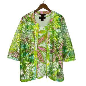 Pleats Collection | Bright Neon Green & Pink Floral Lace Sheer Jacket Tank Set